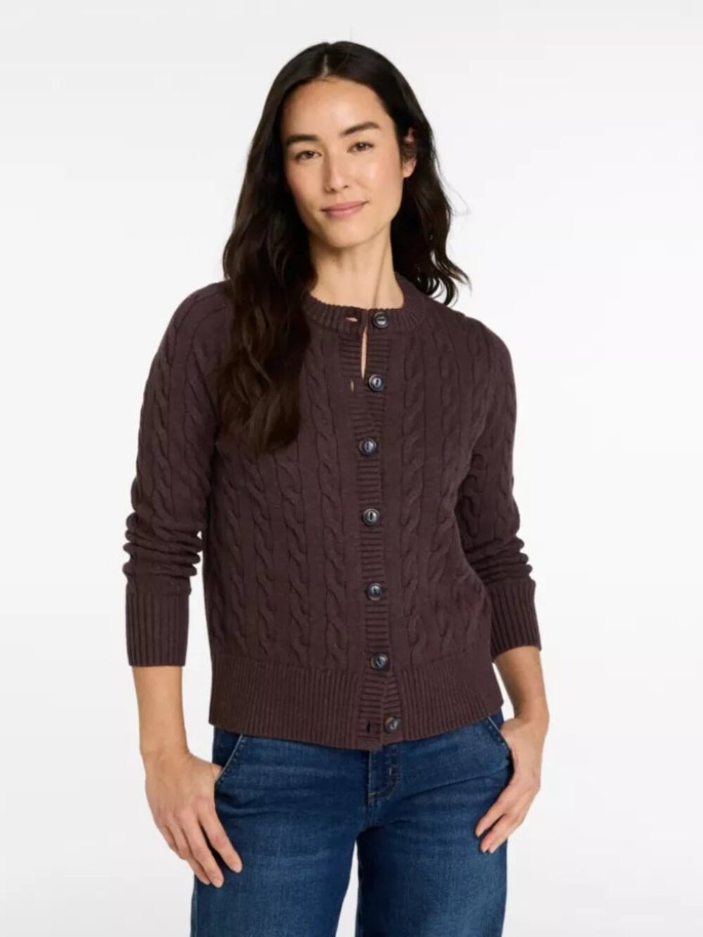 L.L.Bean Women's The Original Double L® Sweater, Cable Cardigan - Navy - Size M